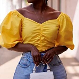 The Drop Women's Maize Puff Sleeve Sweetheart Top by Tenickab In Yellow
